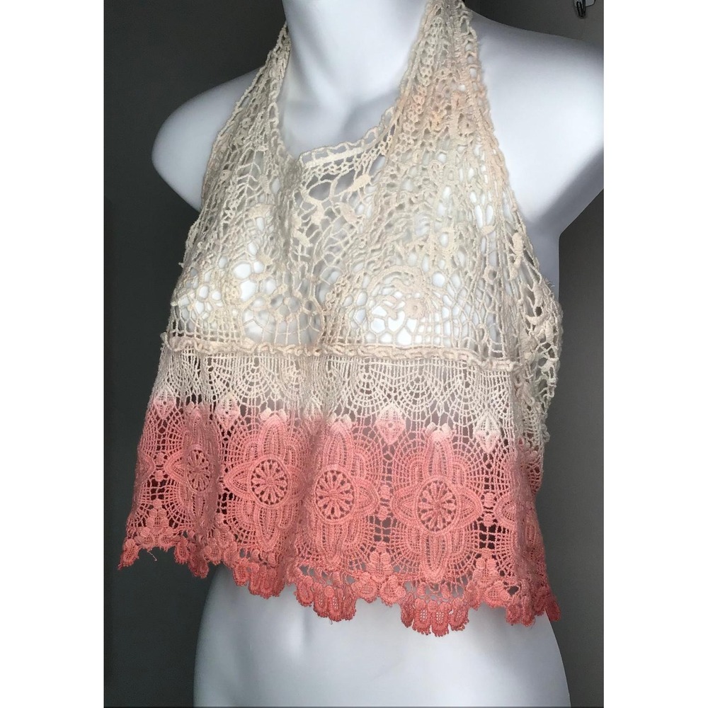 American Eagle Boho Crochet Ombre Halter Crop Top Size M Open Knit Festival - Picture 2 of 8